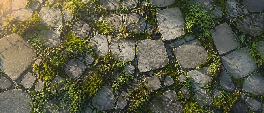 Moss and tiny plants spreading across cracked pavement in a silent damaged town square