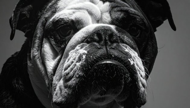 Black and white portrait of a wrinkled bulldog.
