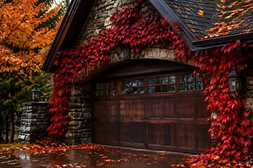 Fototapeta premium Stone garage surrounded by deep red vines and scattered amber leaves after rain in rich saturated natural textures