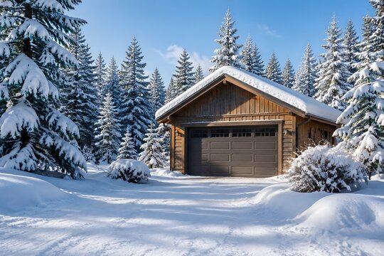 Wooden garage surrounded by deep fresh snow and snow covered pine trees