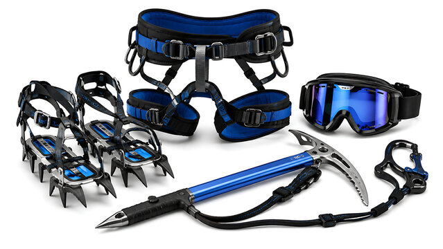 Mountaineering and ice climbing equipment with crampons ice axe harness and goggles isolated on white