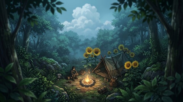 An anime-style illustration of a man gathered around a campfire at a campsite hidden in a quiet forest