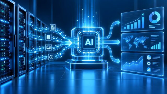 AI processor analyzing diverse data streams into visual dashboards representing advanced analytics and machine learning