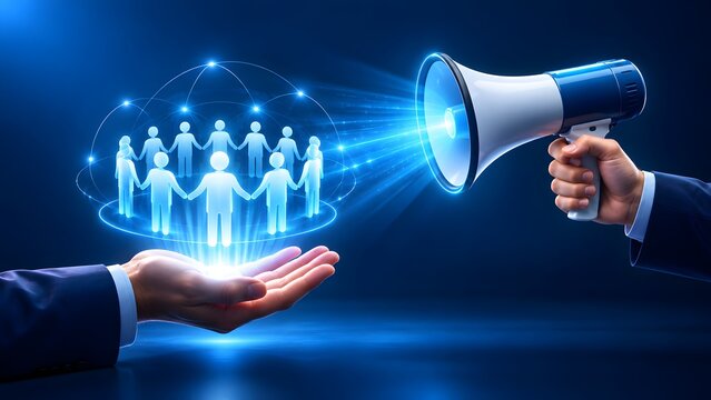 Hand holding megaphone broadcasting glowing light beam to holographic audience representing public relations and mass communication