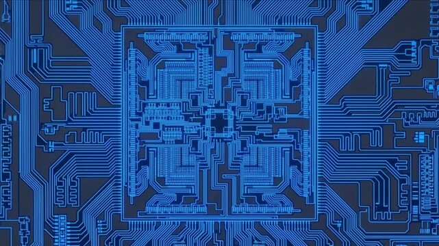 青く発光する微細回路とAIマイクロチップの基幹構造を描いたCG動画