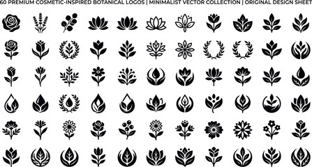 Obraz premium Minimalist botanical logos, 60 premium cosmetic floral icons, black vector set