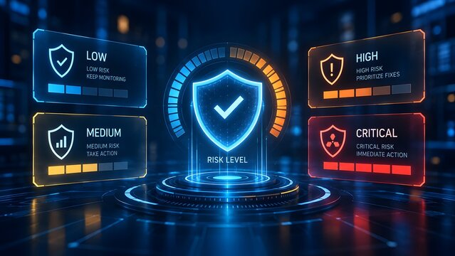Futuristic risk level dashboard with glowing shield and vulnerability status panels representing cybersecurity monitoring