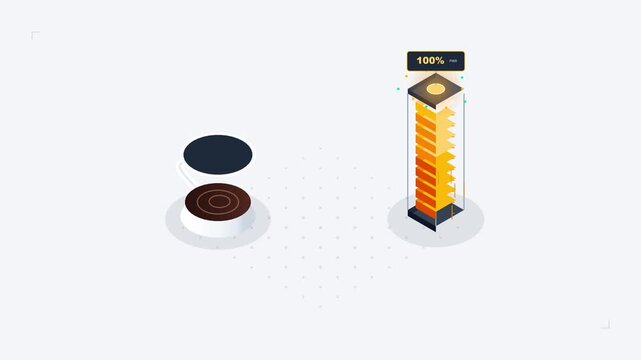 Isometric animation of coffee beans transferring energy to a battery bar charging up to full power