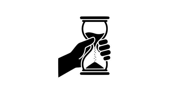 A hand holding a vertical hourglass with running sand, representing countdown urgency, time management, and historical sand glass tracking