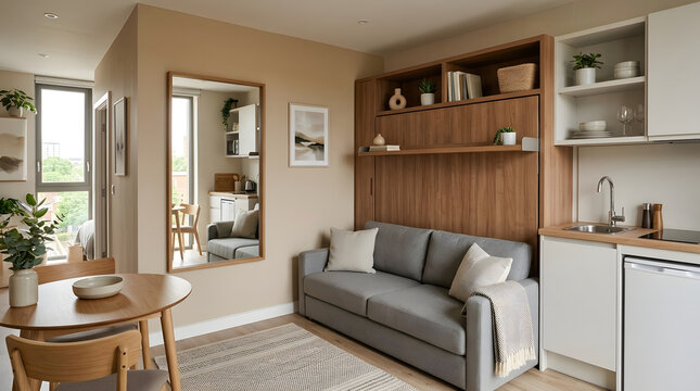 Modern studio apartment interior with space saving furniture