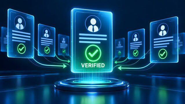 Glowing digital identity verification network processing multiple user profiles into approved central database