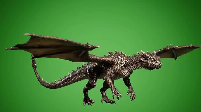 Animated golden dragon model flapping its wings in mid-air on a solid green screen background.