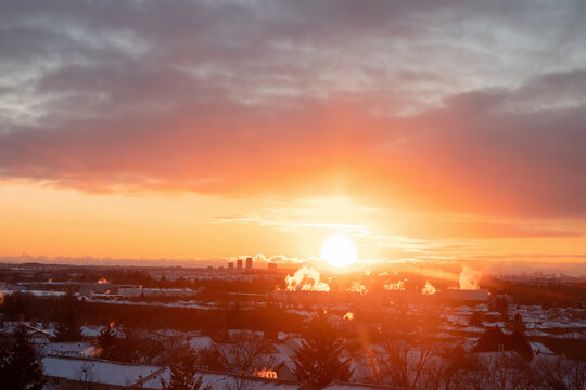 Intense golden sunset lighting the winter horizon.