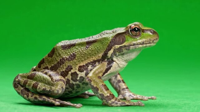 Green frog jumps on chroma key background in macro studio shot showing natural amphibian motion.