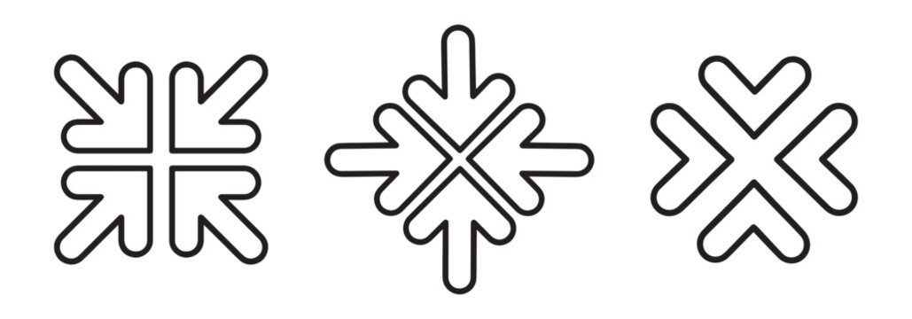 Directional arrow snowflake icons. Ideal for exit fullscreen toggle, collapse window buttons, merge controls, and multimedia UI navigation.