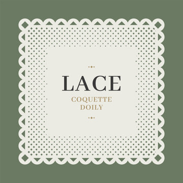 Lace doily border with label vintage invitation and square retro wedding. Design frame template with coquette pattern background and antique vector shape.