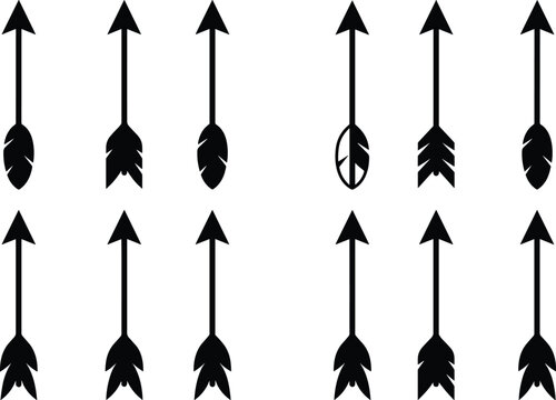 Tribal feather arrow vector icon set with rustic native american archer weapon silhouettes for target direction concept