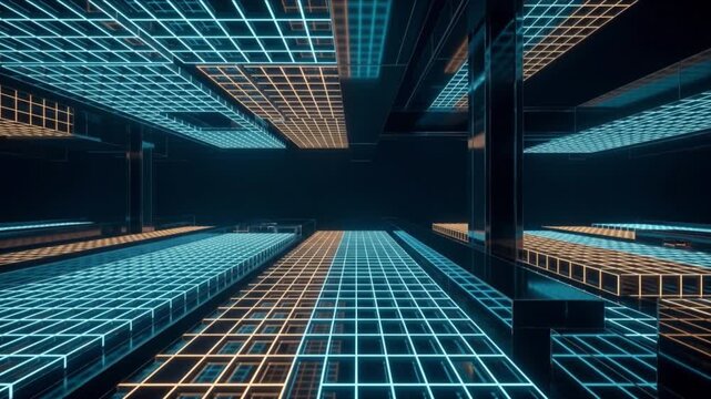 南京錠の鍵穴を通り抜けて広大な未来都市の幾何学空間へ移行するCG動画