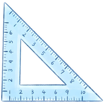 직각과 각도를 재기 위해 눈금이 정교하게 그려져 있는 파란색 삼각자 뷰Blue triangle set square tool with precise scales for measuring right angles