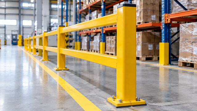 Yellow safety barriers installed in a spacious warehouse aisle to protect shelving and ensure worker safety.