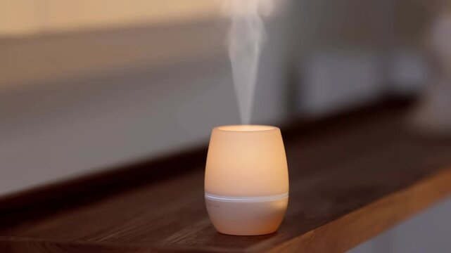 Compact illuminated mist diffuser releases a steady white plume that curls upward above a wooden tabletop, framed by warm indoor light and a softly blurred neutral background