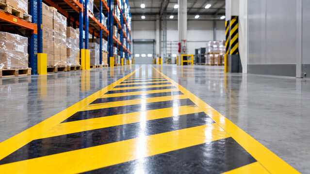 A clean, organized warehouse aisle with high shelves stocked with boxes and a yellow and black striped safety marking on the polished concrete floor.
