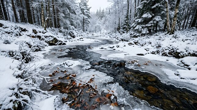 Winter forest landscape with frozen river and snow-covered trees.
