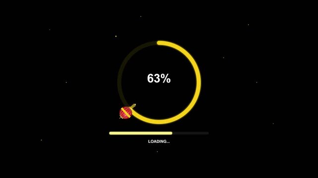 animated loading bar featuring a cute cartoon rocket ship flying in a circle against a starry night sky with progress percentages.