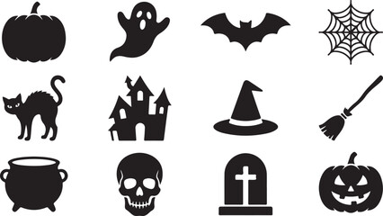 Fototapeta premium Collection of black halloween featuring a pumpkin, ghost, bat, spider web, black cat, haunted house, witch hat, broom, cauldron, and skull