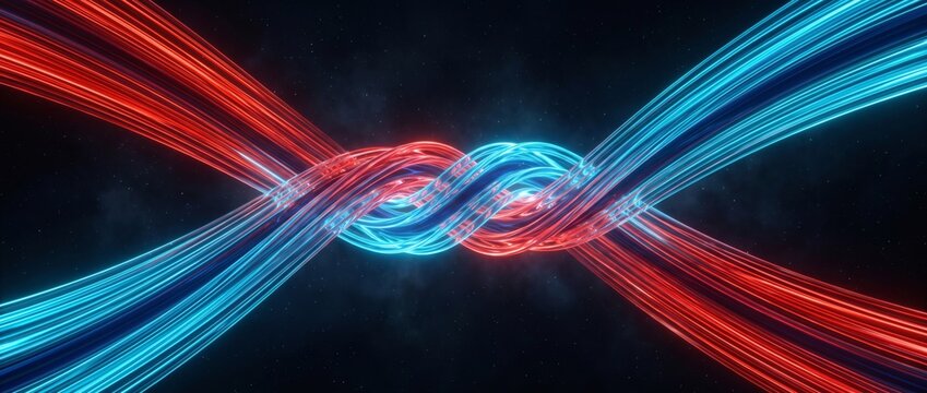 Twisted fiber optic plasma streams, intertwined red and cyan glowing energy particle filaments in dark space. High velocity data transfer concept visualizes bidirectional broadband networking.