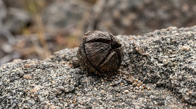 Close-up of a dried seed pod resting on a textured rock surface in nature.