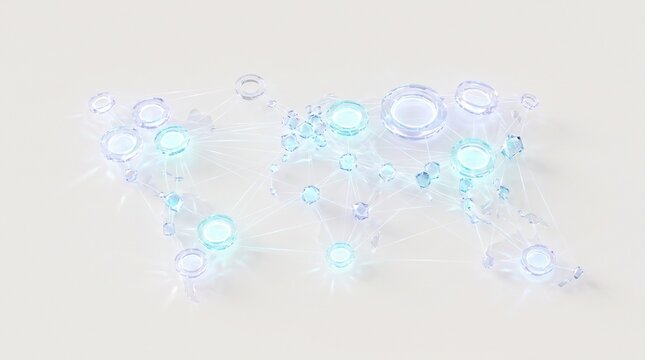 Glowing glass world map showing global network connections and data communication nodes on a clean background