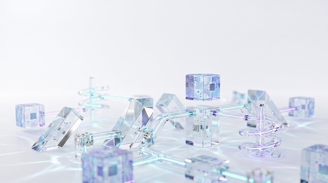 Abstract quantum computing processor made of glowing glass cubes and optical prisms connected by glowing tubes