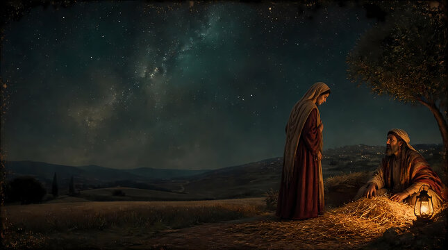 Biblical scene of a woman standing before a man in a field at night