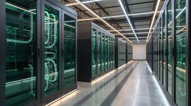 Modern server room in data center featuring liquid cooling technology and sleek black server racks