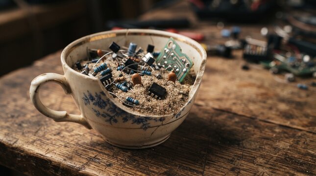 Broken teacup filled with electronic components and sand representing technology and decay on a rustic wooden surface