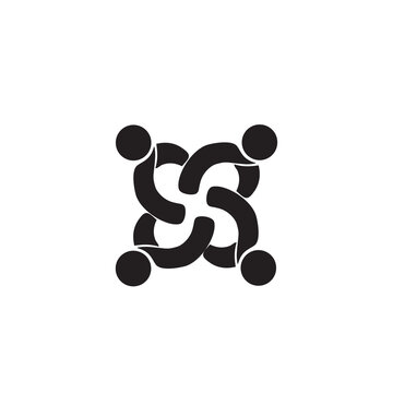 Minimal symmetrical line art symbol featuring four human-like figures connected in a square formation, representing unity and teamwork.