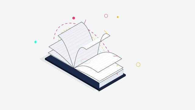 Isometric 3d animation of turning book pages in study and education concept