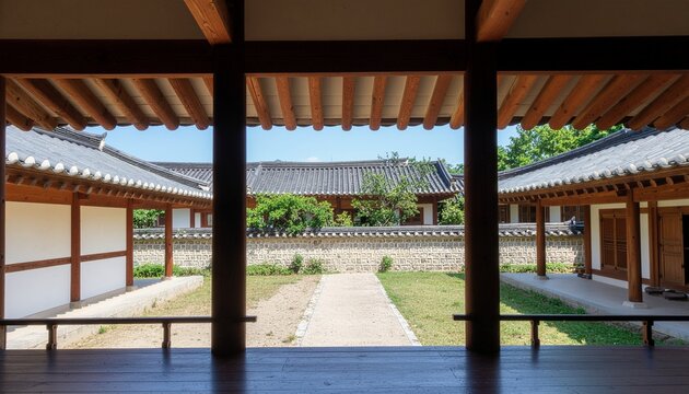 Traditional Korean hanok courtyard seen from a wooden veranda