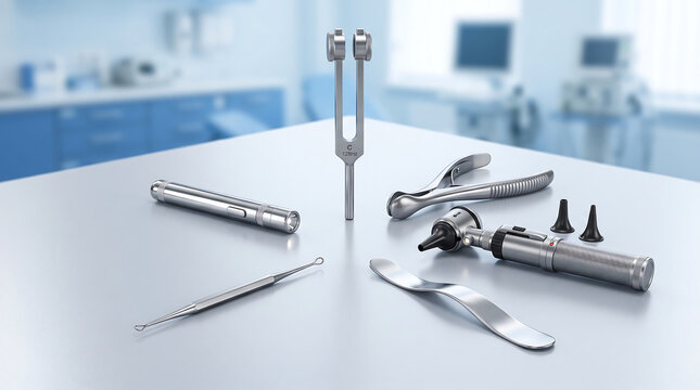 ENT diagnostic instruments set including 128Hz tuning fork otoscope with specula nasal speculum tongue depressor curette and penlight on examination table