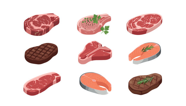 Fresh raw beef steak cuts pork chops grilled meat and salmon fish fillets with herbs vector illustration set