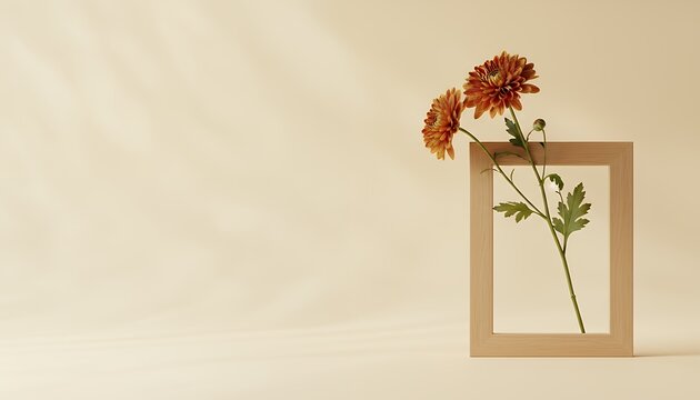 木製フレームから伸びるオレンジ色の菊