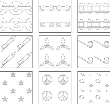 Clean line art vector illustrations showing a grid of nine decorative surface patterns and seamless motifs featuring heavy anchor chains, roller chains, mechanical links, diagonal fireworks or rockets