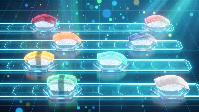 未来的なサイバー空間で光る寿司が終端レーンを流れるホログラムCG画像