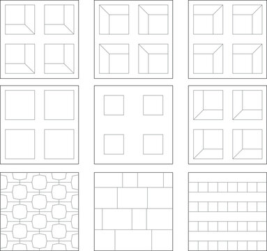 Clean line art vector illustrations showing a grid of nine architectural surface textures, floor tile patterns, and geometric layout designs featuring perspective cube modules