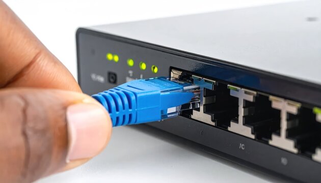 Plugging blue ethernet network cable into router port