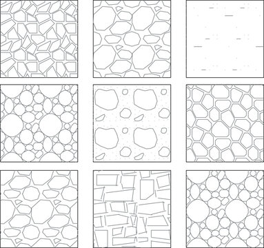 Technical CAD set of nine square swatches displaying various architectural hatching patterns for materials like stone masonry, crazy paving, and aggregate concrete.