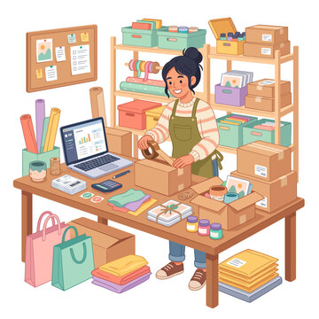 Small Business Owner Packing Products for Shipment in an Organized Home Office Workspace with Shipping Supplies and Laptop