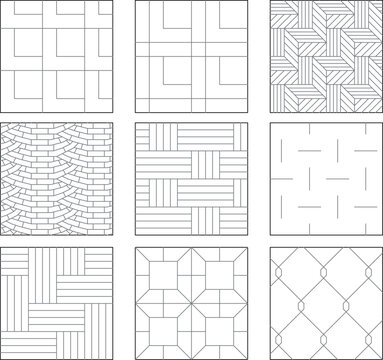 Clean line art vector illustrations showing a grid of nine architectural paving patterns, floor tile layouts, and geometric surface textures featuring interlocking blocks, cobblestone curves