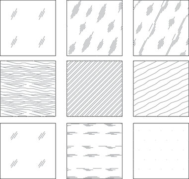 Technical CAD set of nine pattern swatches showing line textures like diagonal hatching, wavy lines, and dashed fills for material representation.